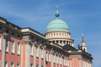 Historic building and magnificent domed building under a cloudless sky, City Palace and State