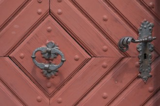 Historic door knocker and door lock on the Probstenhof Tor tor, late baroque, Zeil am Main, Lower