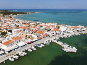 Drone shot, harbour, town of Elafonisos, Elafonisos, Deer Island, Laconia, Peloponnese, Ionian