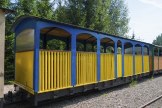Blue and yellow wagon on tracks in a quiet forest environment, Wigry narrow-gauge railway,