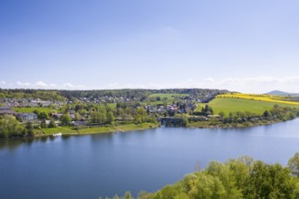 Malter, town view with dam and Weißeritz valley railway, in the background the Luchberg, aerial