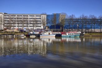 River Saar, ships, modern architecture, concrete architecture, former tax office, abstract