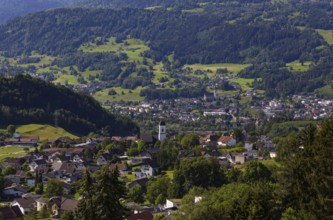 View of the village with parish church, Göfis with view to Frastanz, Walgau, Vorarlberg, Austria