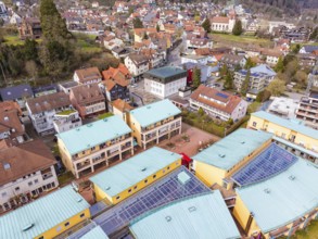 Overview of a residential area with colourful roofs and hills in a small town, Bad Liebenzell,