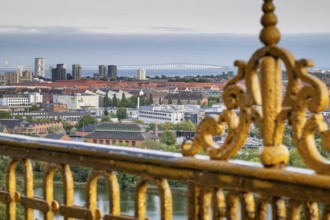 View from the tower of Vor Frelsers Kirke to the island of Amager, the Öresund Bridge or