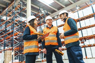 Warehouse workers wearing safety vests and helmets are discussing logistics, using barcode scanners