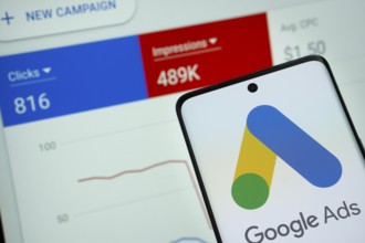 Google Ads logo is displayed on a smartphone screen, with a stock graph webpage visible on a