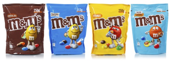 Various types of M&M's chocolate lentils from Mars Inc. cut-out isolated