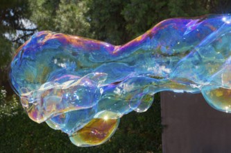 Large, brightly coloured soap bubble floats in front of a wooded background, Spain
