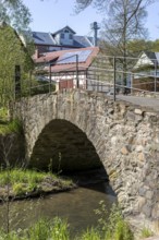 Historic bridge over the Triebisch, in the background the Furkert-Bartsch mill, Miltitz,