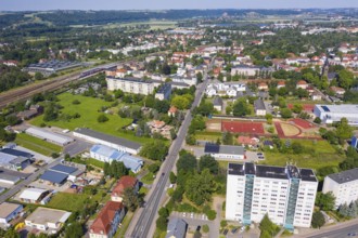 Aerial view with Dresdner Straße and railway station, Coswig, Saxony, Germany