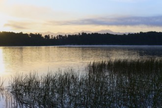 Lake in front of rising sun with plants and mountain silhouette, Lake Mahinapua, Ruatapu, South