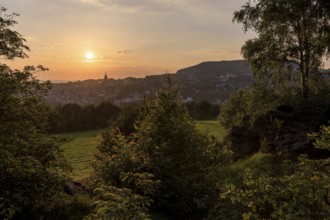 View of the sunrise over Annaberg-Buchholz, Erzgebirge, Saxony, Germany from the Teufelskanzel