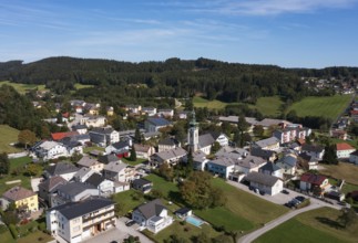Drone image, view of the village with parish church, Ampflwang im Hausruckwald, Hausruckviertel,