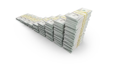 Rising stacks of money representing financial growth and wealth increase isolated on a white
