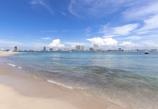 View from Deer Island, Isla de Venados, of famous Mazatlan sea promenade El Malecon, with ocean