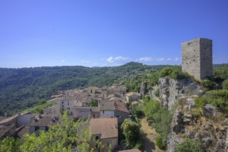 View of the old town and tower from the Belvedere, Châteaudouble, Département Var, France