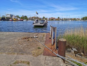 View of Germany's smallest town Arnis on the Schlei, grinding ferry, cable ferry for people and