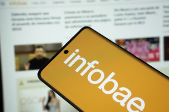 Dhaka, Bangladesh - 17 March 2025: The logo of the newspaper infobae is displayed on a smartphone