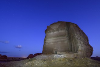 Qasr Al-Farid, 2000 year old Nabataean tomb, blue hour, Hegra or Mada'in Salih, AlUla region,