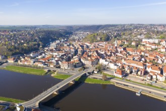 Aerial view of the city, old Elbe bridge, Elbe and old town with Church of Our Lady, in the