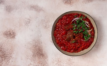 Chashushuli, a traditional Georgian dish, spicy, stewed meat with tomatoes and spices, homemade, no