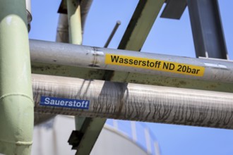 Oberhausen, North Rhine-Westphalia, Germany, pipework for hydrogen and oxygen. Green hydrogen at