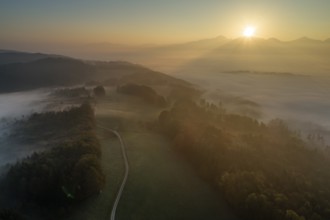 Aerial view of a mountain landscape over clouds, fog, sunrise, backlight, autumn, view of Kochler