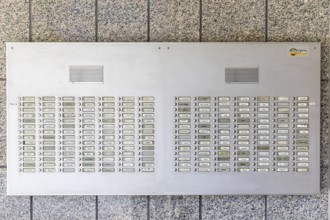 Large doorbell system with intercom on a high-rise building, Chemnitz, Saxony, Germany