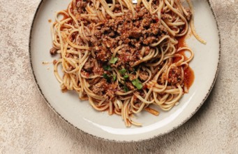 Spaghetti Bolognese, top view, close-up, without people, homemade
