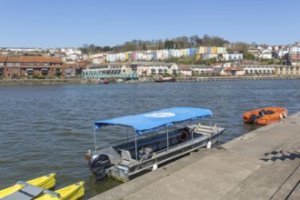 Baltic Wharf, The Floating Harbour, Bristol, England, UK - views of colourful houses on hillside at