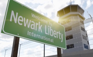 Newark liberty international airport green road sign in front of air traffic control tower