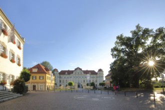 Town Hall, Old Castle and New Castle built in 1712 backlit, Montfortplatz, Baroque Castle, Old