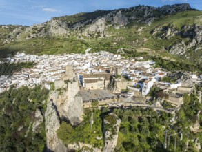 Aerial view of Zuheros castle and village, Sierras Subbéticas, Zuheros, Córdoba province,