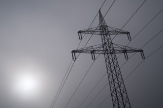 Overhead power line, power pole, power line, fog, foggy, Stuttgart, Baden-Württemberg, Germany