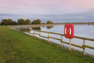 Lifebuoy at the reservoir, Geeste, Emsland, Lower Saxony, Germany