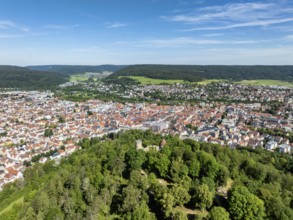 Aerial view of the town of Tuttlingen, in the foreground the ruins of Honburg Castle on the