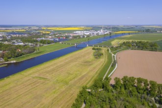 Aerial view of the Elbe with railway bridge and industrial area Torgau, Saxony, Germany