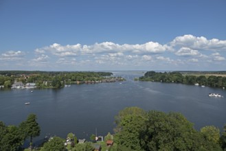 View from the tower of St Mary's Church, Müritz, lake, boats, boathouses, holiday homes, Röbel,