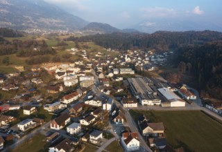 Drone image, residential buildings, residential area, Schlins, Walgau, Vorarlberg, Austria