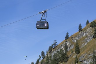 Floating cable car cabin above steep mountain landscape with pine trees, Tegelbergbahn, Schwangau,