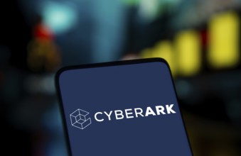 Cyberark logo is displayed on smartphone. CyberArk Software Ltd. is an Israeli publicly traded