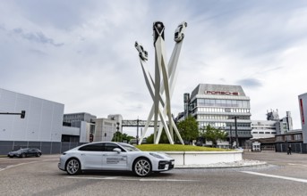 Porscheplatz Zuffenhausen with Porsche headquarters. Artwork Inspiration 911 by Gerry Judah with
