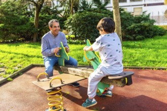 Grandfather and grandson enjoying a sunny day together at the park, playing joyfully on a seesaw,