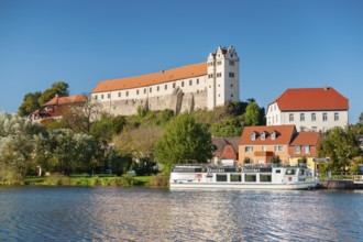 View over the river Saale to Wettin Castle and town, Lower Saale Valley nature park Park, Wettin,