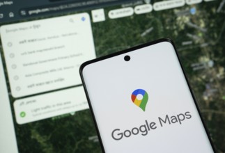 The logo of the google maps is displayed on a smartphone screen, and the website google maps is