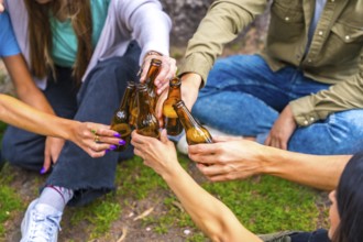 Group of multi-ethnic friends sitting in the city park talking next to a tree with bottles of beers