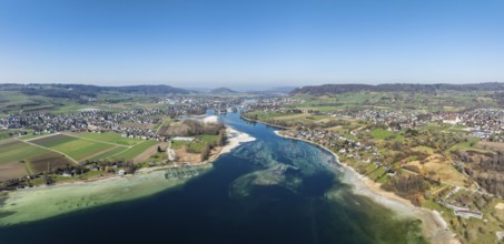 Aerial view, panorama of Lake Constance, Untersee, also known as Lake Rhine, at low tide, which