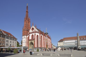 Gothic Lady Chapel on the market square with fountain obelisk, fountain, obelisk, Würzburg, Lower