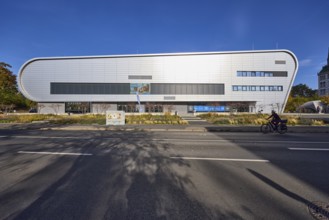 BallsportARENA Dresden, ball sports arena, modern architecture, deep blue sky with veil clouds,